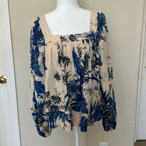 Floral Print Square Neck Blouse - Blue and Cream